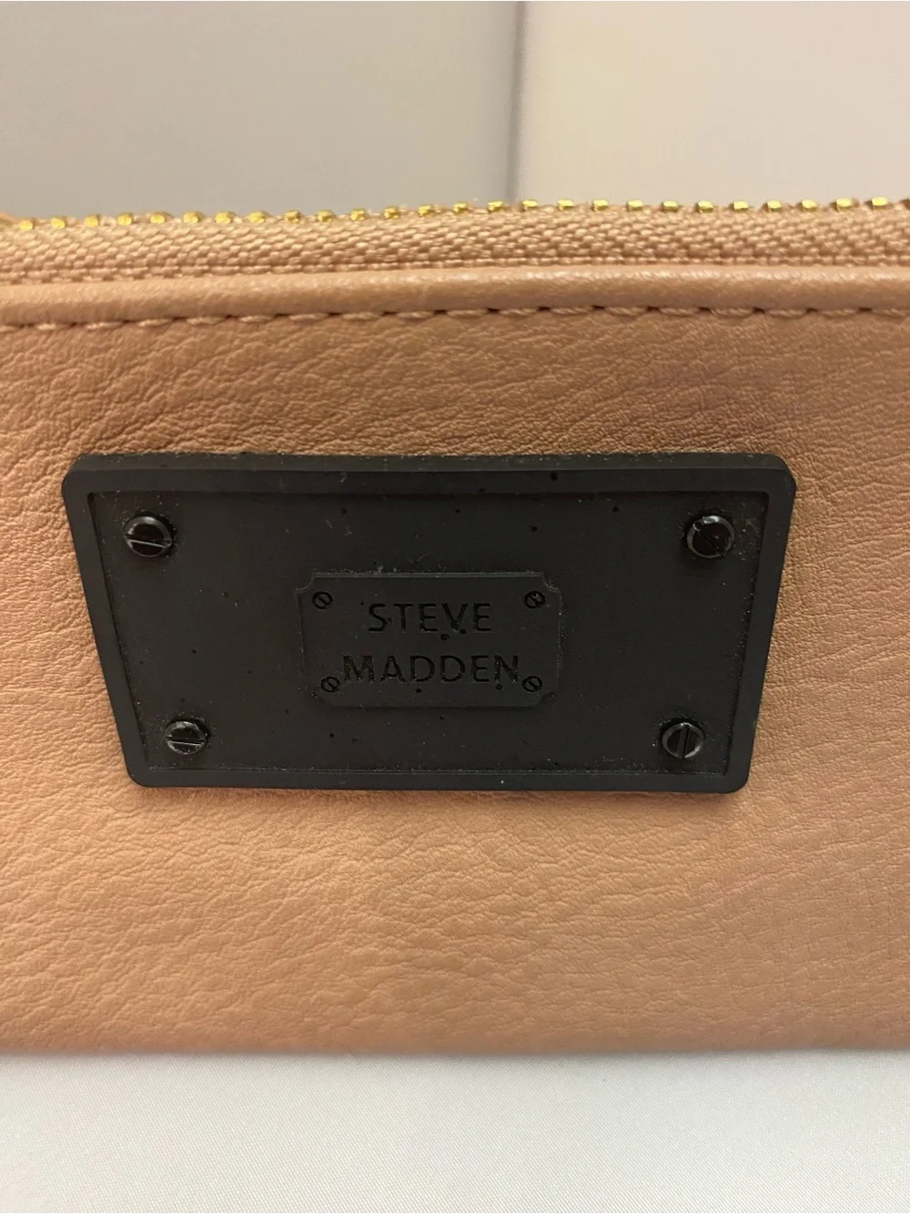 Steve Madden Beige Zip-Top Cosmetic Wristlet with Gold Hardware